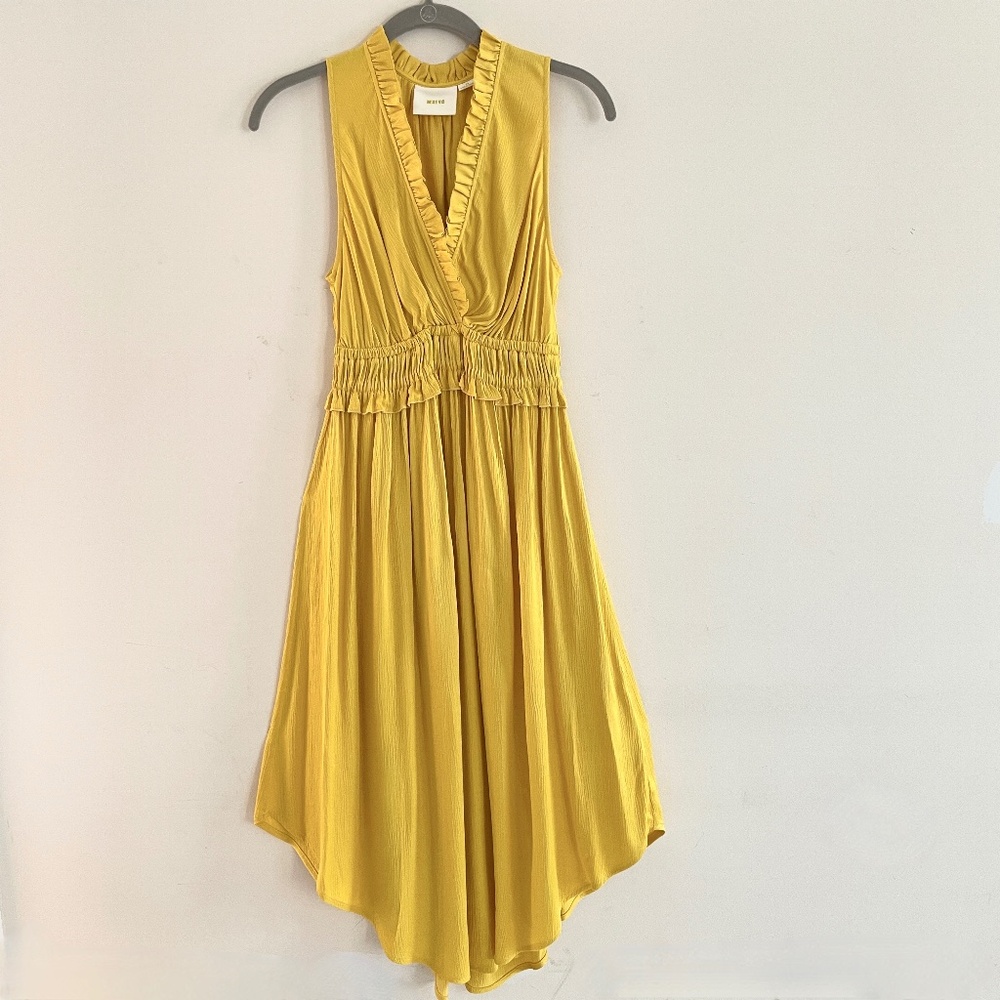 Maeve Anthro Asymmetric Dress XS Ruffle Smocked Waistβ Summer Brunch Garden